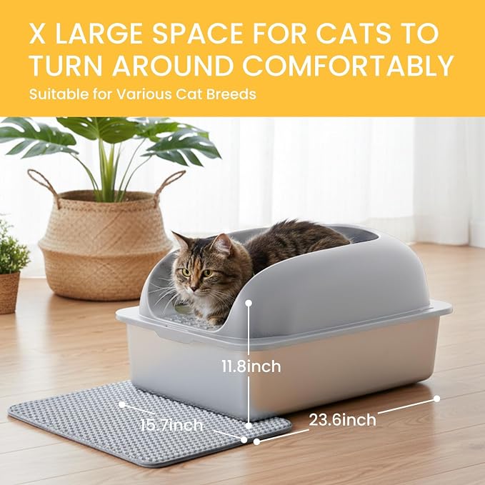 Simple Deluxe XL Stainless Steel Cat Litter Box with Lid, 24" x 16" x 12" High Sided Metal Litter Pan for Large Cats, Urine-Proof Non-Stick, Light Gray