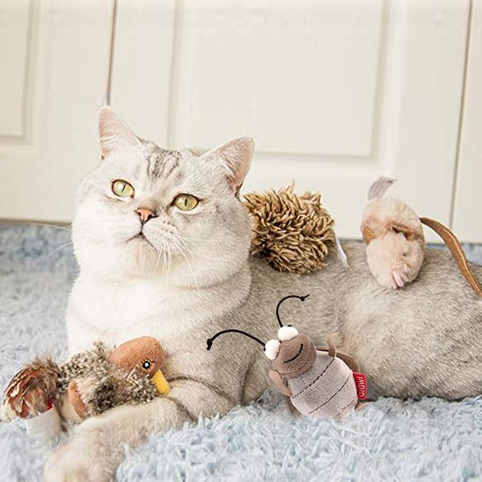 Gigwi Automatic Cat Toys Pack - Interactive Electronic Plush Toys with Bird/Cricket/Mouse Sounds for Indoor Cats to Play Alone and Squeak, 3 Pcs