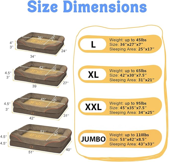Chez Paw Large Orthopedic Dog Bed for Extra Large Dogs, Waterproof XL Egg-Crate Foam Dog Bed with Removable Washable Cover & Non-Slip Bottom, 4-Sided Bolster Support, Coffee 42"x30"x7.5"
