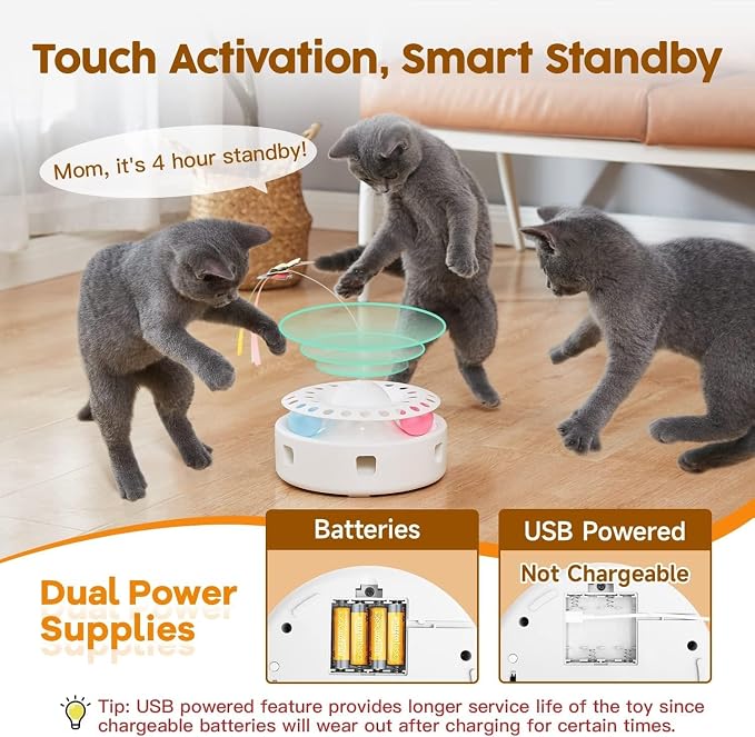 Cat Toys - 3 in 1 Interactive Automatic Kitten Toy, Fluttering Butterfly, Mobile Ambush Feather, Ball Track, Dual Power Sources, USB Powered, for Exercise, white