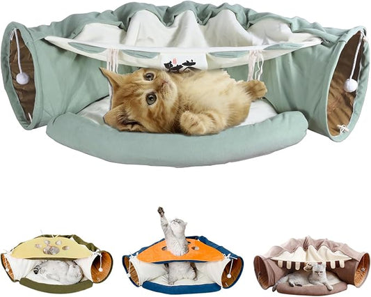 LEFTSTARER 2-in-1 Collapsible Cat Tunnel for Indoor Bed and Hideout - Pet Dog Rabbit Bunny Ferret Tunnel Tubes Toys with Removable Washable Mat, Tower Wheel Stuff
