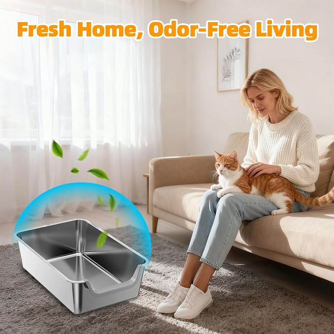 Stainless Steel Litter Box,Extra Large Metal Cat Litter Box with High Sides for Indoor Big Cats,Jumbo XL Washable Kitty Litter Boxes with Low Entry for Kittens&Senior Cats,Non Stick (Short-Side Entry)