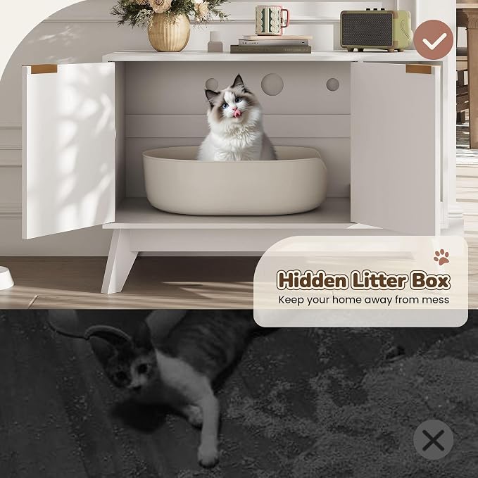 Cat Litter Box Enclosure Hidden Litter Box Furniture with Scratch Pad Cat House Wooden Cat Washroom Cabinet 2-in-1 for Living Room,Hallway,White