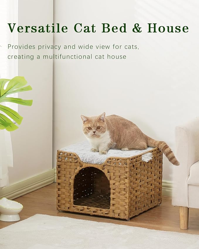 SETVSON Cat Beds Indoor Kitten House, Handwoven Rattan Cat Cave Pet Cube, Large Cat Houses, One Bed Mat, Foldable, Hideaway, 16.5x16.5x13.2 Inches, 2 S-Shaped Hooks in Living Room Bedroom Natural