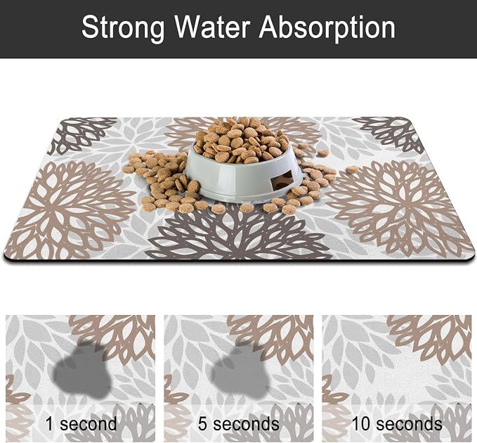 Dog Food Mats for Floors, Absorbent and Quick-Drying Pet Cat Food Mat,Anti-Fouling and Easy-to-Clean Pet Feeding Mat,Dog Bowl Mat for Messy Drinking Water Bowls.16x24, Bohemia Dahlia Floral Style