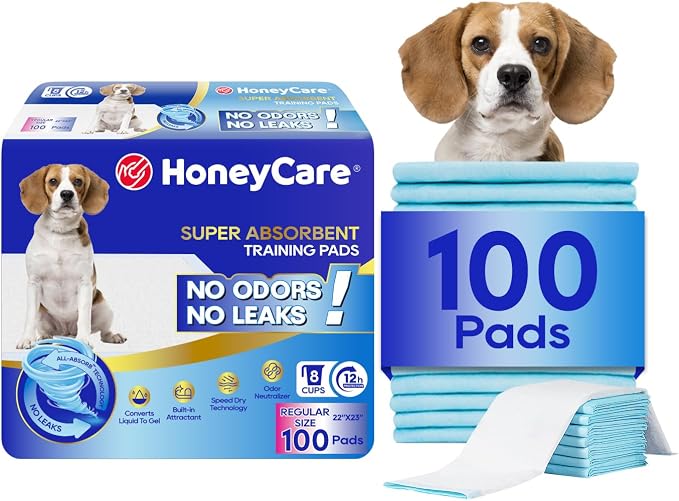 Honey Care All-Absorb Puppy Training Pads Made in The USA! Ultra Absorbent and Odor Eliminating, Leak-Proof 5-Layer Potty Training Pads 22"x23" with Quick-Dry Surface