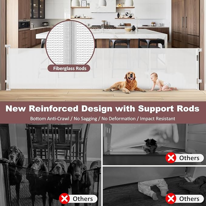 Reinforced 41" Tall Pet Gate 150" Extra Wide Retractable Dog Gate with Support Rods, Indoor Extra Long Baby Gates for Large Openings Outdoor Retractable Gate Baby Fence for Living Room, White
