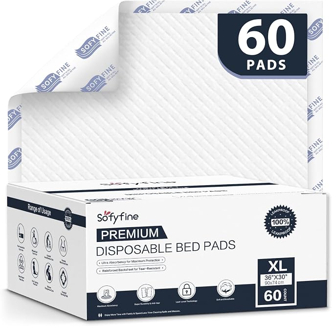 SOFYFINE Disposable Adult Underpads 36"x30" XXL Extra-Large Incontinence Bed Pads – Mattress Protector Pee Pads for Adults Kids, Bed Protection & Training [60 Pads]