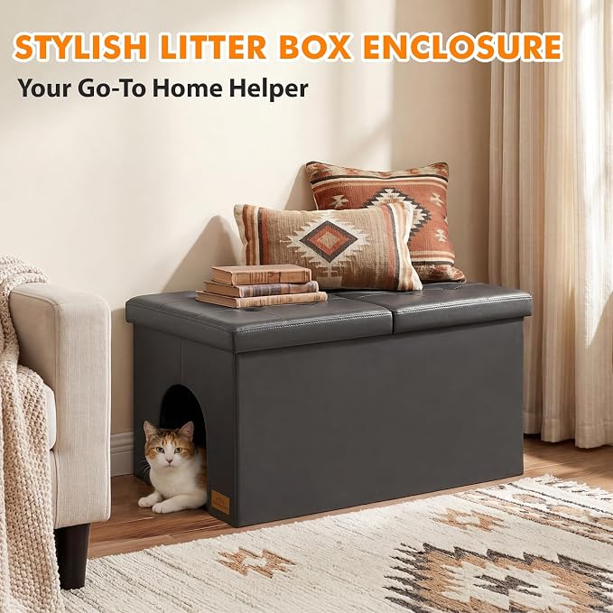 Cat Litter Box Enclosure Furniture for Odor Control, Hidden Cabinet Cat Litter Box Furniture Ottoman with Flip-Up Lid,Cats Litter Box Bench with Storage Space, Dog Proof (Gray-Faux Leather, X-Large)