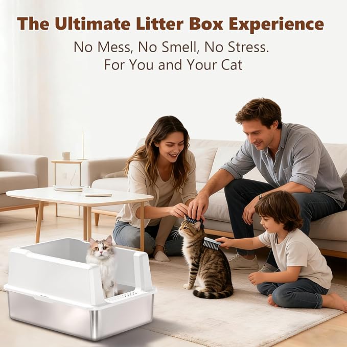 Extra Large Stainless Steel Cat Litter Box for Maine Coons, Large Cats & Multi-Cat Homes, High-Sided Design, Easy to Clean, Non-Stick, Anti-Leak