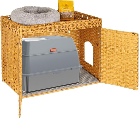 SZEE Cat Litter Box Enclosure Furniture, Hidden Litter Box with Mat, Handwoven Rattan Cat Houses for Indoor/Outdoor Cats, Large Litter Box Enclosure with 12” Edge for Living Room/Bedroom/Washroom