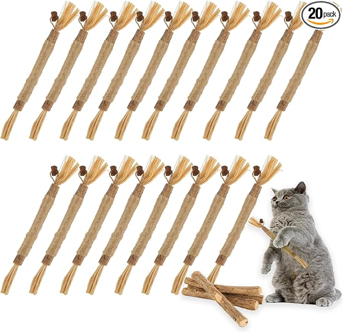 20Pcs Silvervine Sticks for Cats, Natural Cat Chew Toys, Nylatails Silvervine Dental Stick for Dental Care, Edible Matatabi Cat Chew Sticks for Teeth Cleaning, Kitty Toys for Indoor Cats