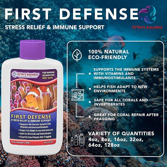 DrTim's Aquatics Reef First Defense Fish Stress Relief and Immune Support – For Reef, Nano, Sea Horse Fish Tanks, Aquariums – Revitalizes Natural Coat – Detoxifies Heavy Metals, Repairs Wounds – 4 Oz. (421)