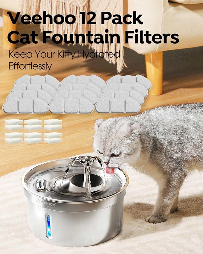 Veehoo 12 Pack Replacement Filters & 12 Pack Pre-Filter Sponges Set for 135oz 304 Stainless Steel Cat Water Fountain, 6 Months Set of Replacement Filters for Cat Fountain