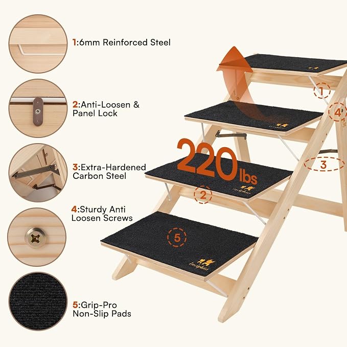 Luciphia Wooden Dog Stairs for Small Dogs 2-in-1 Foldable Dog Steps for Beds Cars Couch Anti-Slip Pet Ramp with 3 Steps Indoor Pet Stairs for Medium Large Older Pets Cats up to 220lbs