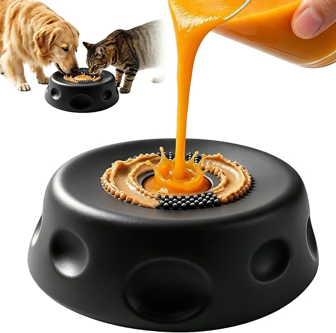 Dog Cat Lick Bowl with Rolling Ball, Slow Feeder Interactive Silicone Bowl with Suction Cup Base, Chew-Resistant for Wet Food & Treats, Easy Clean, 8.5oz/250ml, Black