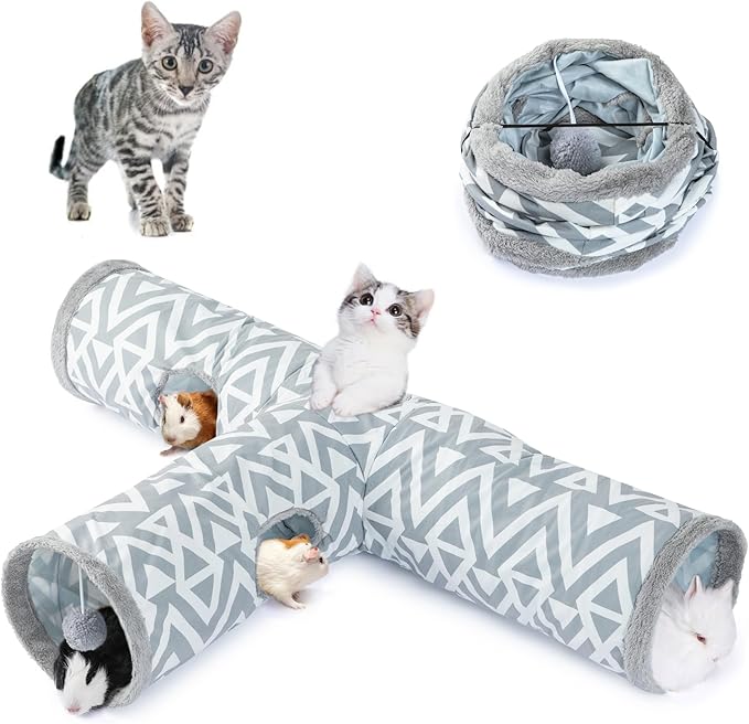 JanYoo Bunny Tunnel Rabbit Hideout Bunny Toys for Rabbits Accessories Guinea Pig Ferret Kitty 3 Ways Collapsible Tunnels (Geometric)