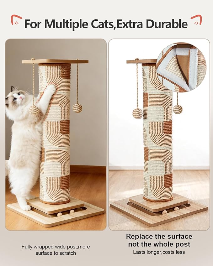 31" Extra Tall Cat Scratching Post, Natural Sisal Cat Scratcher for Indoor Cats Adults & Large Cats, Sturdy Wood Cat Tree Tower with Interactive Ball Track & Top Perch, Modern Design for Home Decor