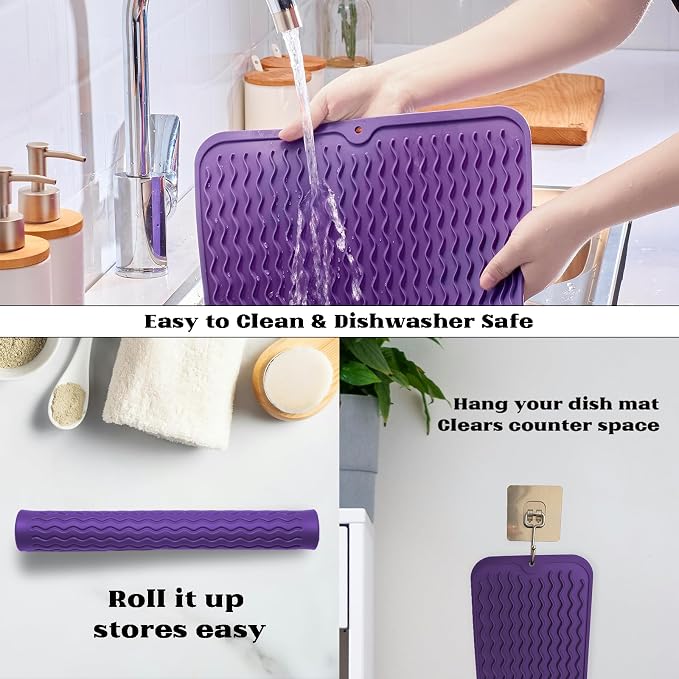 ZLR 4-in-1 Silicone Mat 12" x 12" / 305 x 306mm Square - Dish Drying Mat, Air Fryer Mat, Coffee Maker Pad & Heat Resistant Trivet (up to 450°F) - Non-Slip Food-Grade BPA-Free (Meadow Violet)