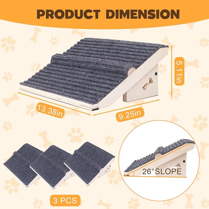 3 Pack Wooden Dog Ramp for Stairs,13L*9W*5H''+26°Slope,Fit for Stair 9-11D''5-7''H,Friendly to Short-Legged/Small/Injured/Aged Dogs with High Support,with Anti-Slip Pads for Climbing Safely