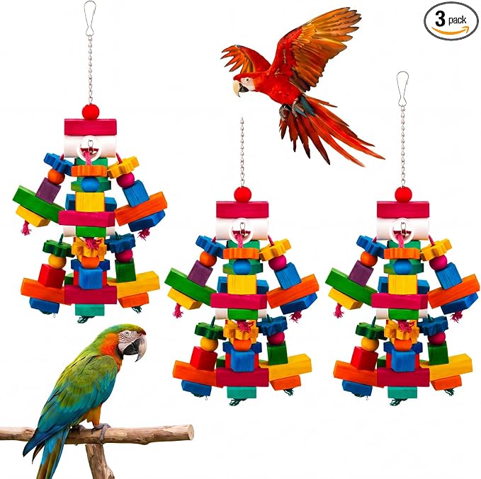Seenelling 3 Pcs Large Parrot Toys Colorful Chewing Toy with Natural Wood Blocks for African Greys, Cockatoos, Parrots, Macaws, Medium Birds Cage Toy Accessories