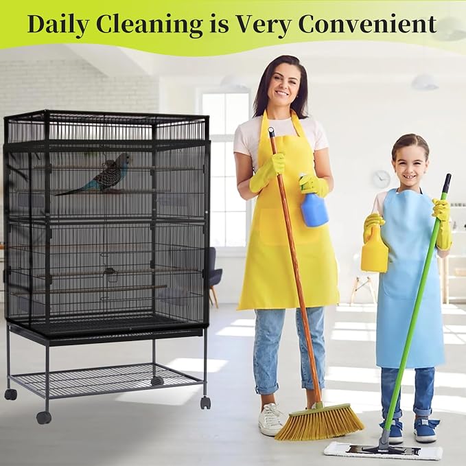Daoeny 2PCS Bird Cage Seed Catcher, Large Bird Cage Cover, Adjustable Soft Airy Nylon Mesh, Birdcage Cover Skirt Seed Guard for Parrot Parakeet Macaw Round Square Cages (Black & Black)