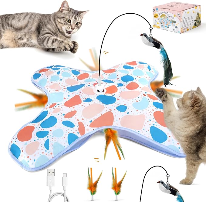 Interactive Cat Toys with Bird, Hide and Seek Cat Toy, 2 in 1 Automatic Moving Concealed Feathers for Indoor Cats, Non-Slip Suction, Touch Activated, USB Rechargeable, Blue