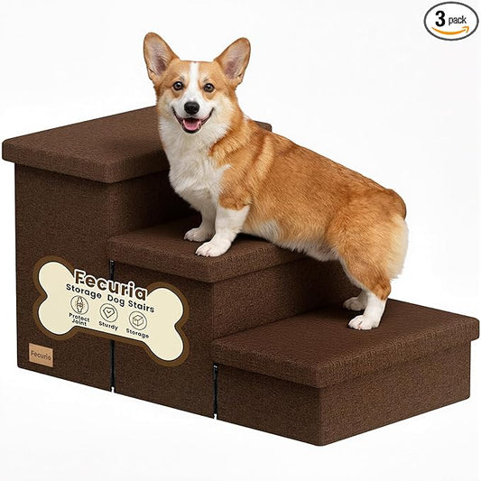 3-Step Wide Dog Stairs with Storage 18" H, Non-Slip Sturdy Pet Steps for High Bed Couch Window, Pet Stairs for Small/Medium/Large Old Dogs Cats Up to 200lbs, Cat Dog Steps for Car/SUV, Coffee