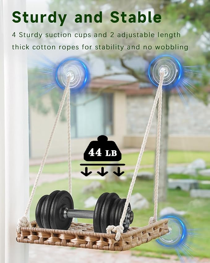 SETVSON Cat Window Perch Cat Window Hammock Bed for Indoor Cats, Large Handwoven PE Rattan Window Seat, 4 Suction Cups, Double Sided Washable Cushion Bed, 2.3 Inch Fence Shelf, for Pet Kittens Natural