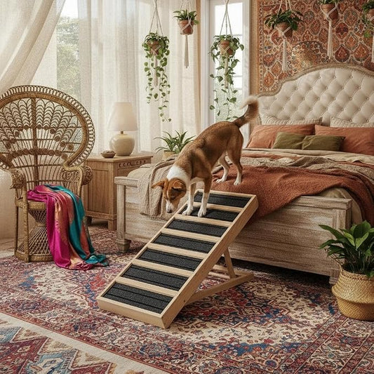 Adjustable Wooden Dog Ramp for Bed and Couch - 39" Folding Pet Ramp with 4 Heights and Non-Slip Safety Rails for 132lbs Small, Medium, and Senior Dogs