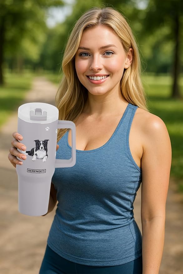 SERENGETI 40 Oz Ultimate Tumbler with Handle and Straw - Vacuum Insulated Tumbler with Straw and Lid - Stainless Steel Travel Mug for Pet Lovers - 3D Designs of your favorite Dog (Border Collie)