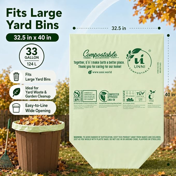 UNNI Compostable Lawn & Leaf Bags, 30-33 Gallon / 124 Liter, 40 Count Value Pack, Extra Thick 1.1 mil Yard Waste & Food Scrap Liners, BPI, CMA & OK compost HOME Certified (Meets ASTM D6400)