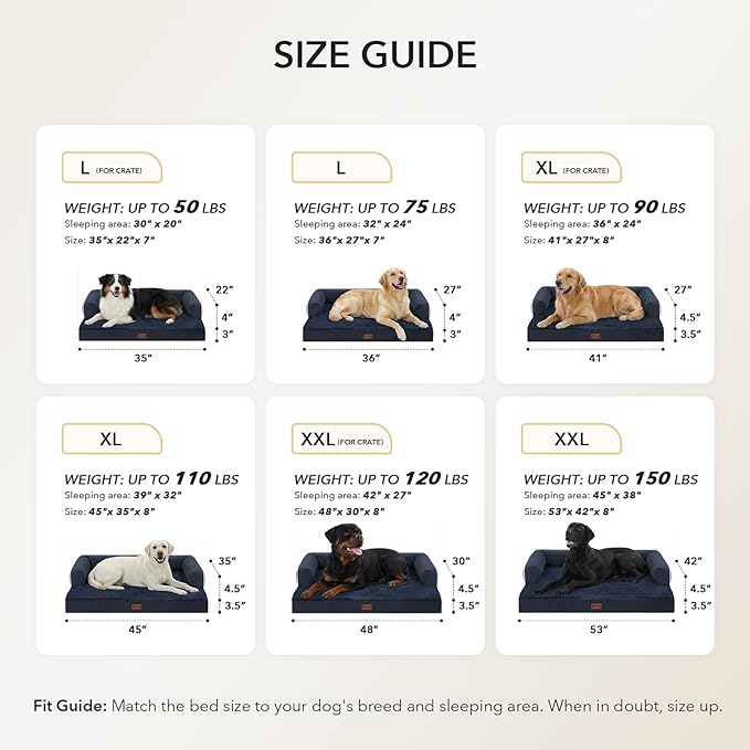 Orthopedic Dog Beds for Large Medium Sized Dogs, Waterproof Egg Crate Foam Large Dog Couch Beds with Comfy Bolster 36x27Inch, Washable Pet Beds with Removable Cover, Navy Blue