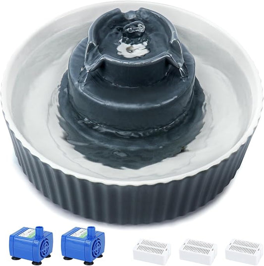 Lawfery Ceramic Cat Water Fountain, 2.1L/71oz Cat Fountain with 3 Carbon Filters and 2 Quiet Pumps, Cupcake Pet Water Dispenser for Cats and Dogs (Grey)