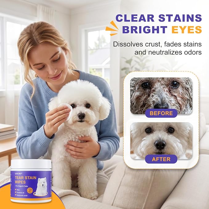 2-in-1 Tear Stain Remover Kit for Dogs & Cats – Natural Eye Wipes (120 Count) & Gentle Stain Remover Balm (1 oz) with Brush – Complete Eye Care for Stains, Odors & Folds