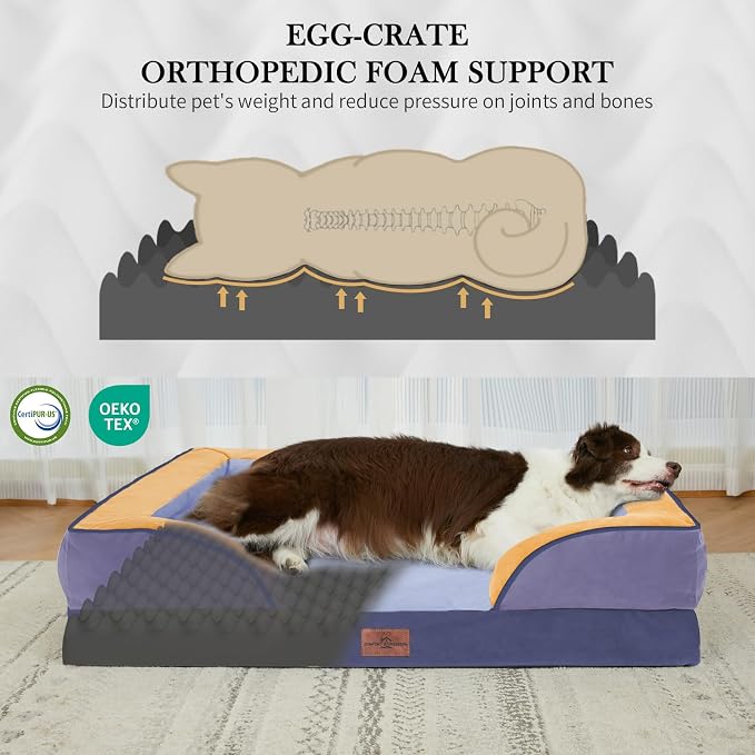 Comfort Expression Orthopedic Dog Bed for Large Dogs 36x27 Inch, Waterproof Egg Crate Foam Large Pet Bed with Bolsters, Dog Couch with Washable Cover & Non-Slip Bottom, Twilight Wave