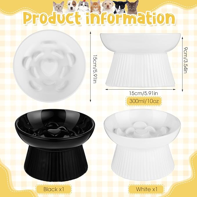 Tioncy 2 Pcs Raised Cat Slow Feeder Bowl Ceramic Elevated Cat Dog Food Bowl No Spill High Edge for Dry Wet Food and Water Easy to Clean, Dishwasher Safe (Black,White)