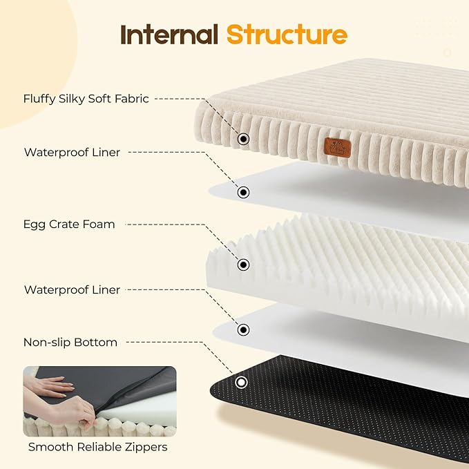 Orthopedic Dog Bed for Large Dog, Waterproof Pet Bed for Crate,Non-Slip Bottom and Egg-Crate Foam with Removable Washable Cover Crate Bed,Cream,35"x22"x3"