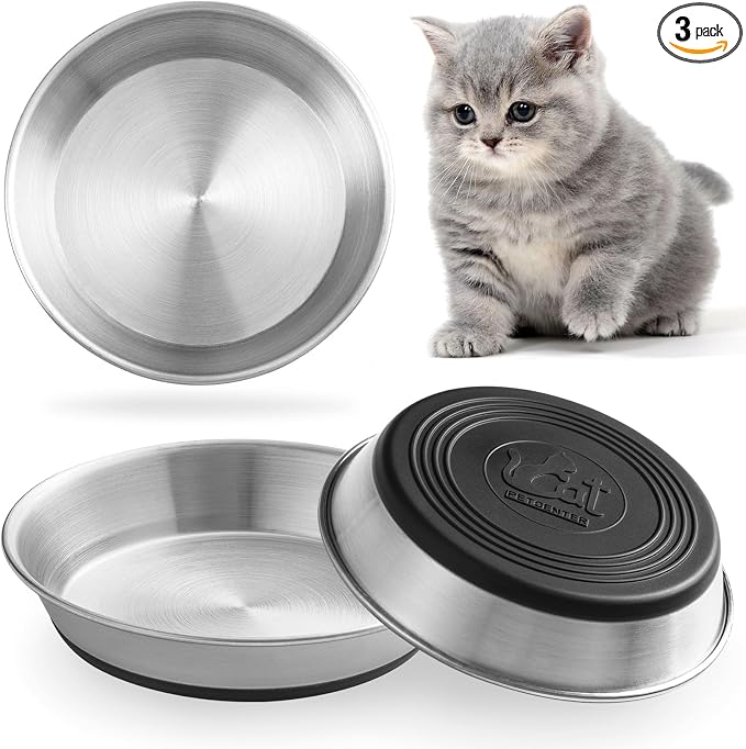 WROSWT Stainless Steel Cat Bowls,Whisker Friendly Shallow Cat Dishes for Food and Water,Non-Slip Silicone Bottom,Heavy Duty,Replacement Kitten Metal Plate for Elevated Stands,3 Pack