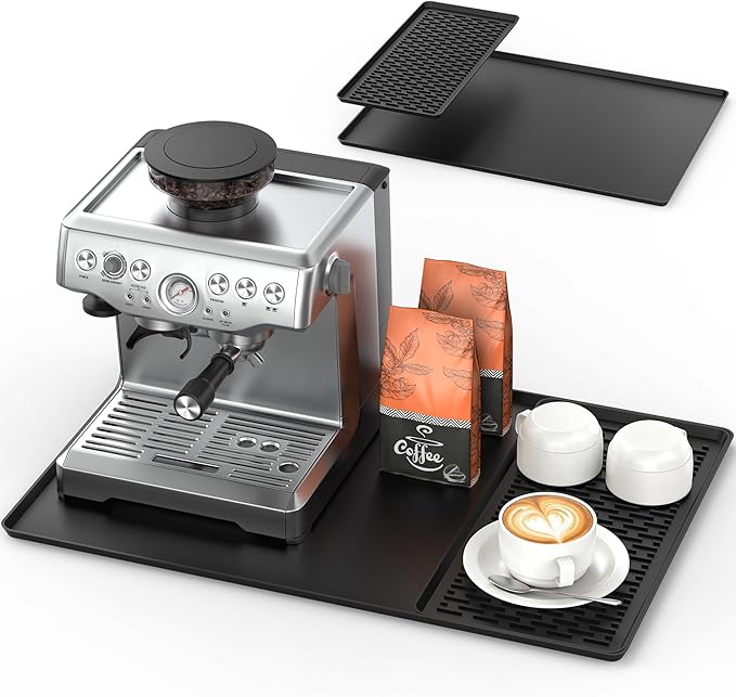 Silicone Coffee Mat Set, 24” x 16” Coffee Bar Mat for Countertop with Detachable Dish Drying Mat, Anti-Slip Countertop Protector for Espresso Machine, Heat Resistant, Rolled Ship, Black