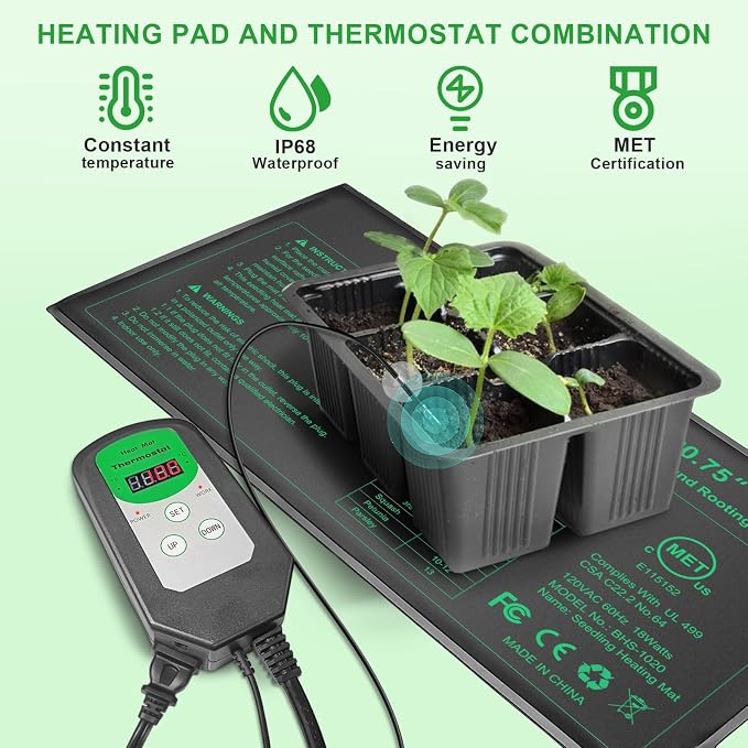 Bestio10"x 20.75" Seedling Heat Mat and Digital Thermostat Combo Set,MET & UL Certified Plant Heat Mat Heat mat for Plants for Germination,Suitable for Indoor Gardening,Greenhouse, Plants Germination