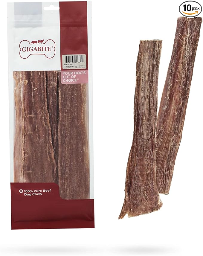 GigaBite Beef Esophagus Dog Treats - Natural Gullet Sticks for Dogs, High Protein Single Ingredient Dog Chews, Rawhide Free Dental Dog Treats for All Dog Breeds - Strips (10 inch), Pack of 10