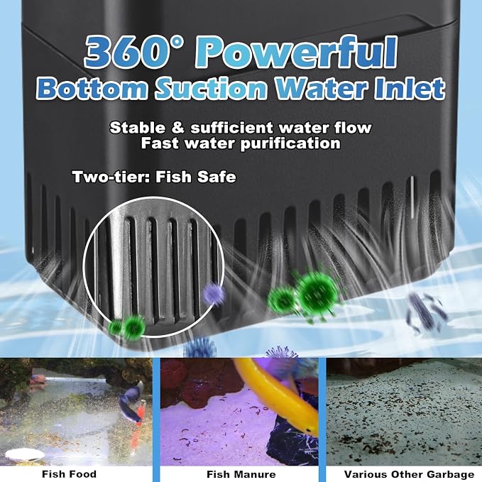 220GPH Turtle Filter for 20-45 Gal Tank, Small Turtle Filters 3-stage Filtration for Freshwater Saltwater Cloudywater, Ultra-quiet and Flow Adjustable for Fish Turtles Shrimps Amphibians Frogs | Minimum water level required: 2.6 inches