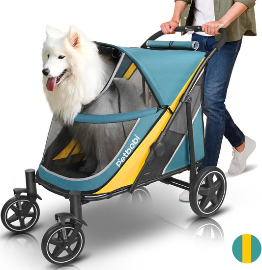 Petbobi Dog Stroller for Medium Dogs - Easy Fold Dual Entry Pet Stroller with One-Foot Brake, All Terrain Wagon Cart with Large Air Mesh, Ideal for Large Senior Pets up to 80 lbs, Green