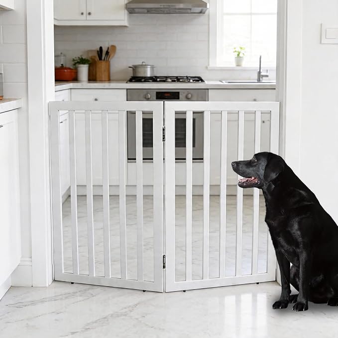 Dog Gate Indoor, Freestanding Dog Fence for The House, Doorways, Hallways,or Stairs,Pet Gate Foldable Wooden,Expandable 32" Height 2 Panels,White
