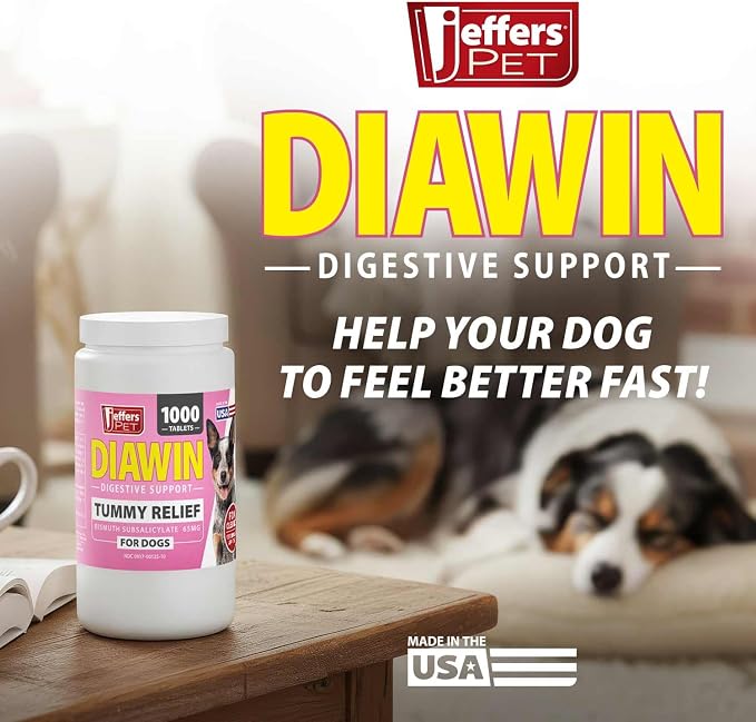 Jeffers Pet Diawin Dog Digestive Support Tablets, Veterinary Formulated, Bismuth Tummy Relief for Diarrhea for Dogs, Stool Firming, Gut Health, Made in USA - 1000 Tablets