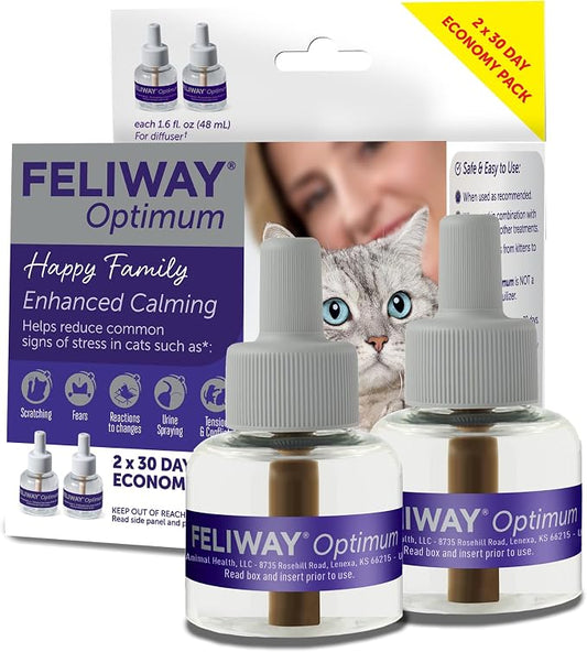 FELIWAY Optimum Cat Calming Diffuser Refill – Cat Pheromone Diffuser Refill for Advanced Support to Reduce Stress, Spraying, Scratching, Fighting and Hiding– 2 Pack