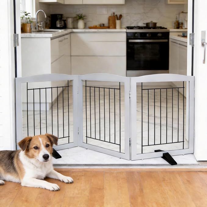 ZJSF Freestanding Dog Fence Indoor, Foldable Dog Gate for Doorways, Stairs or Hallways, Sturdy Wood Extra Wide Pet Gate with Support Feet for The House, Grey, 24 "Height-3 Panels