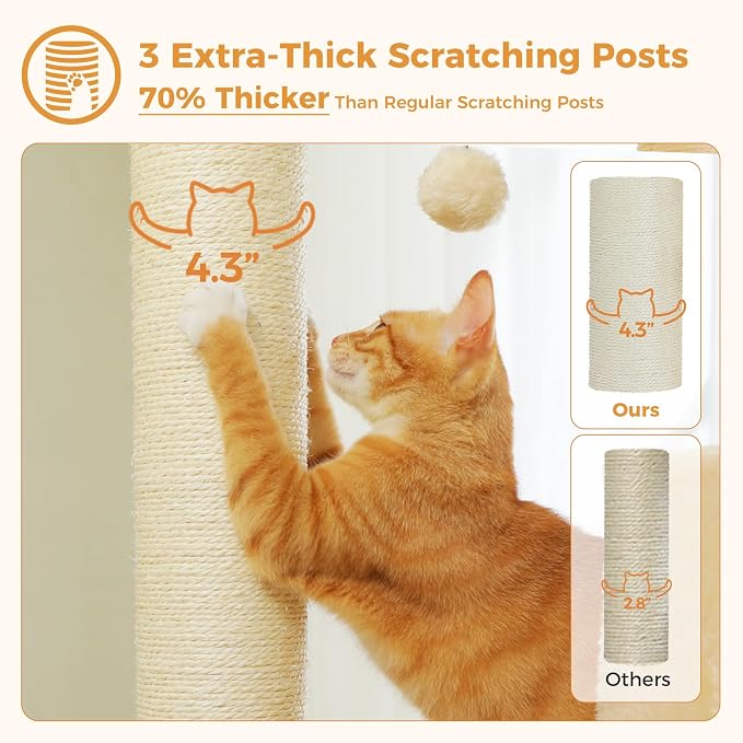 PAWZ Road Large Cat Tree, 45" Heavy Duty Cat Tower with Dual Condos, 3 Thick Full Wrapped Sisal Posts(φ4.3), Spacious Top Perch, Scratching Ramp for Large Cats,Beige