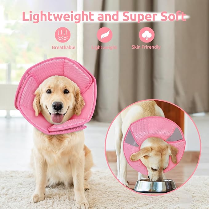 Dog Cone Collar - Soft Elizabethan Collar for Dogs After Surgery, Comfy Cone for Dogs to Stop Licking, Adjustable Dog Cone Alternative for Wound Healing (Pink L)